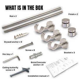 Ceiling Curtain Rod, Adjustable Ceiling Mounted Curtain Rods for Windows 48 to 84 with three Heavy Duty Modern Design Brackets included, Brushed Nickel 1 inch Expandable Rod