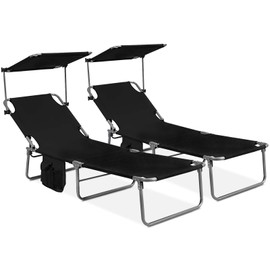 GYMAX Folding Chaise Longue, Adjustable Beach Chair with Canopy Sun Shade & Side Pockets, Heavy Duty Sunbathing Recliner Cot for Outdoor Patio Yard Poolside (2, Navy)