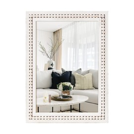H HOMEWINS Rustic Wooden Mirror,22x30 Inch Farmhouse Boho Bathroom Rectangle Nursery White Beads Decor Wall-Mounted Mirror for Bedroom, Living Room,Vanity,Entryway,Over Sink