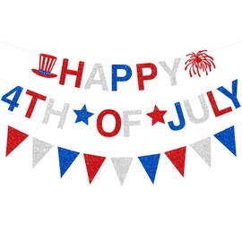 JOZON Red White Blue Glittery Happy 4th of July Banner and Pennant Banner with Hat Fireworks Star Fourth of July Patriotic Banner America National Day Independence Day Memorial Day Party Decorations