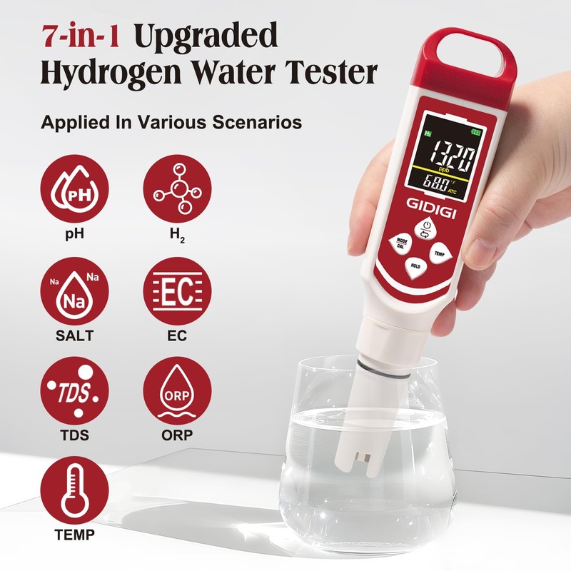 GIDIGI 7-in-1 Pool pH Salt Tester H2/ORP/pH/TDS/EC/Saltwater Quality Meter