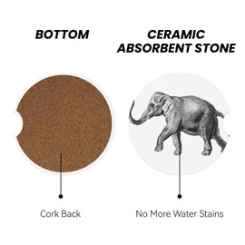 Elephant Car Coasters for Cup Holder, 2 Pack Absorbent Ceramic Car Coaster with Finger Notch & Cork Base