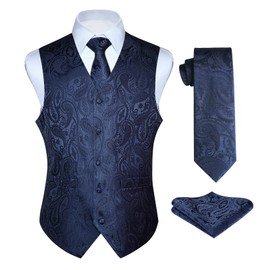 Enlision Men's Waistcoats Paisley Navy Wedding Waistcoat Tie Pocket Square Jacquard Party Suit Vest Set XXL