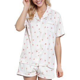 Netcken Women's Satin Short Sleeve Pajama Set - Silky Smooth, Cool & Comfortable Summer Sleepwear with Classic Collar Design (US, Alpha, X-Large, Regular, Regular, White Heart)