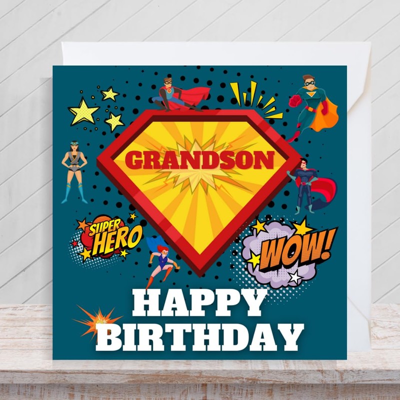 Second Ave Superhero Grandson Square Children's Kids Birthday Greeting Card