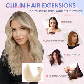 Elailite Clip in Hair Extensions Real Human Hair - 8 Pieces Thin Weft Full Head Remy Hair Straight - #18/613 Ash Blonde Mix Bleach Blonde - 8 Inch (45 g)