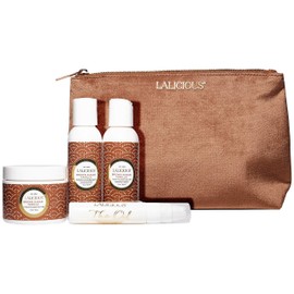 LaLicious Brown Sugar Vanilla Skin Care Travel Set - Whipped Sugar Scrub, Shower Gel / Bubble Bath, Body Butter & Body Oil in a Luxe Velour Makeup Bag (4 Piece Kit)