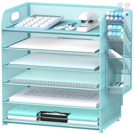 SUPEASY 6 Tier Paper Organizer with 4 Pen Holders, Mesh Desk Organizer Letter Tray with Handle, Paper Tray Organizer File Organizer for A4 File Folder, Blue