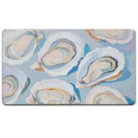 JINYO Coastal Beach Door Mat, Oyster Door Mat Indoor Outdoor Entrance Entryway Porch, Ocean Coastal Nautical Bath Mats for Bathroom, Beachy Welcome Mats, 17x30 Inch(Light Blue)