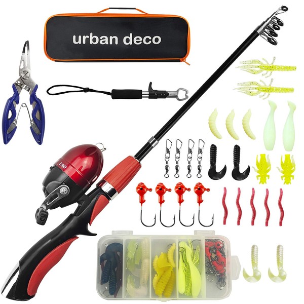 Urban Deco Kids Fishing Pole, Portable Telescopic Rod and Reel