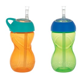 Nuby No-Spill Clik-It Flexi Straw Sippy Cup with Easy Grip - (2-Pack) 10 oz - Baby Sippy Cup for 6+ Month Old - Orange/Green