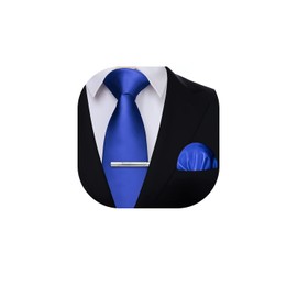 HISDERN Royal Blue Ties for Men Tie and Pocket Square Set Wedding Solid Color Tie on Clips Necktie Handkerchief For Business