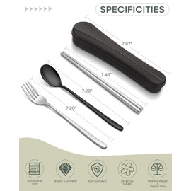 PHILIPALA 3PCS Travel Camping Flatware Set, 18/8 Reusable Stainless Steel Cutlery Set with Case, Portable Silverware Lunch Box for Camping and Office(Silver&Black)