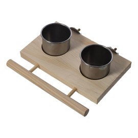 GetCoupon Hanging Bird Food Cups, 2PCS Stainless Steel Pet Bowls, Food Dishes with Wooden Perch Stand Holder for Parrot Conures Cockatiels