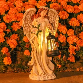 Solar Angel Outdoor Decor Garden Statues – 13.2 inches Angel Figurines Outdoor Sculptures with Solar Lantern for Outside Yard Art Patio Balcony Front Lawn Ornaments Gifts for Mom Grandma Women
