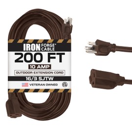 Iron Forge Cable Brown Outdoor Extension Cord 200 ft, 16/3 SJTW 200 Foot Dark Brown Exterior Extension Cord 3 Prong, Weatherproof Heavy Duty Brown Power Cable for Outside, Deck, Landscaping & Lawn