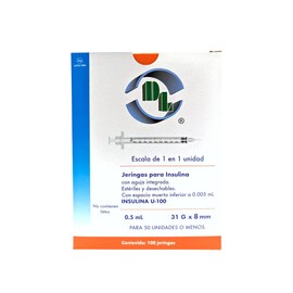 DL Jeringas para insulina 0.5 mL aguja 31G X 8mm, caja con 100 piezas