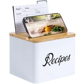 BooGoose White Stainless Steel & Bamboo Recipe Box - Modern Style, 7"L x 6.02"W x 5.04"H, Includes 50 Recipe Cards & 12 Dividers, Phone Stand & Holder