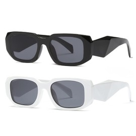 Rectangle Sunglasses for Women Retro Square Sunglasses UV400 Protection (Black+White)