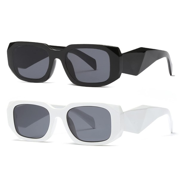 Rectangle Sunglasses for Women Retro Square Sunglasses UV400 Protection (Black+White)