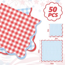 FYSUIMU 50Pcs Gingham Cocktail Napin, Light Blue Red, Scalloped, 3-Ply