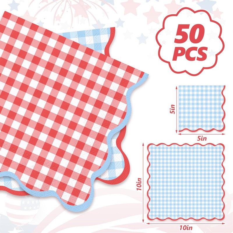 FYSUIMU 50Pcs Gingham Cocktail Napin, Light Blue Red, Scalloped, 3-Ply