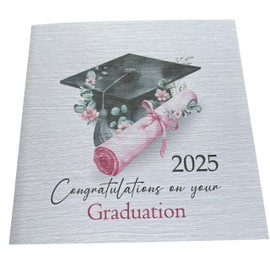 Graduation Card with Celebration Wine prosecco Label- Congratulations on your graduation 2025 with pink scroll, 6 x 6 inches, 300gsm, Linen Effect, ideal for any female friend or relation