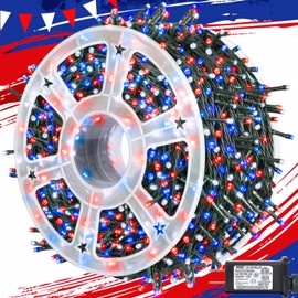 4th of July Patriotic Decoration，500 LED Red White and Blue Lights with 8 Modes，Outdoor Waterproof String Lights for Fourth of July, Memorial Day, Independence Day Decor