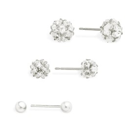 Frigotine Silver Cubic Zirconia Pearl Small Ball Stud Earrings Stack Set for Woman, Dainty Square CZ Rhinestone Cluster Multiple Piercing Cartilage Studs Earing Wedding Prom Fashion Jewelry Gift