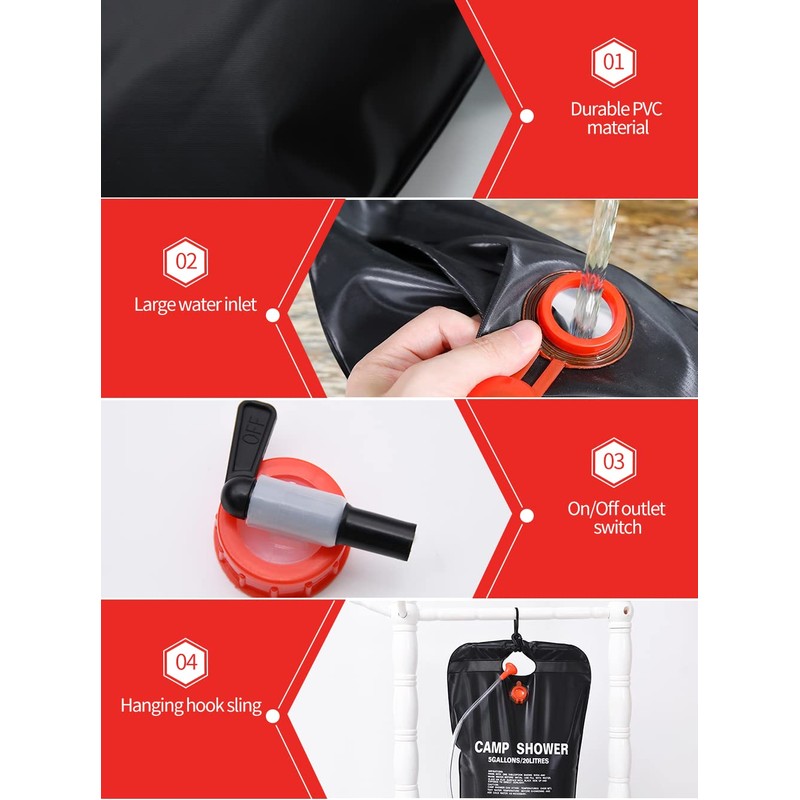 AYQWE ソーラーシャワーバッグ 2パック 5ガロン/20L キャンピングシャワーバッグ ポータブルシャワーバッグ 取り外し可能なホース付き オン/オフ切り替え可能なシャワーヘッド キャンプ ビーチ
