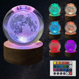 TUUWAI 3D Moon Crystal Ball 2.36" with LED Lamp Colorful Wooden Base Night Light with Removable Glow Ball Color Changing Light with Remote as a Crystal Ball for Boy Friends (3-Moon, 2.36" (Inch))