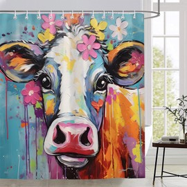 Farm Cow Shower Curtain Funny Cow Colorful Floral Abstract Oil Painting Art Country Western Animals Cute Creative Bathroom Decor Curtains with Hook 70X70 Inch