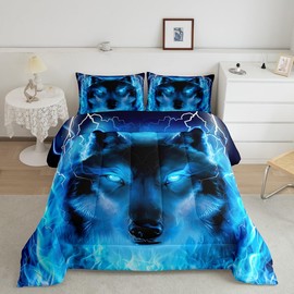 Feelyou Wolf Bedding Set Safari Animal Pattern Comforter Cool Wildlife Style Comforter Set for Boys Girls Kids Room Decor Glitter Blue Wild Wolf Lightweight Duvet Set Queen Size with 2 Pillow Case