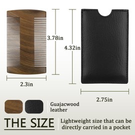 Beard Comb with Leather Case, Fine and Coarse Teeth, Pocket Wooden Beard Comb for Men, Premium Guajacwood