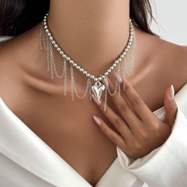 ZDPIQ Heart Necklaces for Women Trendy Chunky 3D Heart Pendant Charm Choker Gold Silver Beaded Ball Chain Necklace Fashion Chunky Gold Jewelry Gifts (Silver)