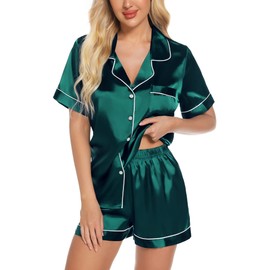 Women's Silk Satin Pajamas Set Short Sleeve Sleepwear Two Piece Button Down Pj Set with Pockets Dark Green