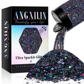 ANGXILIN Holographic Chunky Glitter, 190g/6.7oz Chunky and Fine Mixed Craft Glitter, Bulk Laser Sequin Glitter for Face Body Nail Art,Epoxy Resin Tumbler Jewelry Making Glitter (Laser Black)