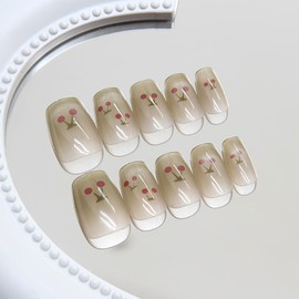 BFY Cat's Eye Press on Nails Short Cherry Coffin Fake Nails, Green French Holographic Acrylic Nails Kits, Salon Quality Glossy Gel Manicure Stick Glue on Nails Full Cover False Nail Tips 24Pcs