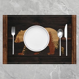 Lodge Cabin Placemats Bear Silhouette Pine Tree Wooden Stripe Place Mats for Dining Table Wild Animal Vintage Rustic Style Kitchen Mats for Kids Teens Adults 12x18 Inch Set of 4