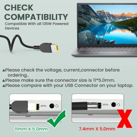135W USB Charger Laptop for Lenovo IdeaPad Y40-70 Y50-70 Y520 Y70-70 Y700 Y700-15ISK 720-15IKB ThinkPad T440P T450P T460P T470P W540 W541 ADL135NLC3A Adapter Cord (135W USB)