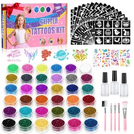 Aottom Kit de Tatuajes Temporales con Purpurina para Niños: 220 Plantillas, Más de 70 Pegatinas Infantiles, 36 Colores de Purpurina, 3 Pegamentos, 5 Pinceles. Ideal para Fiestas, Maquillaje Y Como Reg