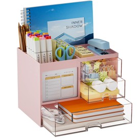 Marbrasse Desk Organiser with 3 Drawers,Large Capacity Pencil Holder for Desk,Stationary Organiser with 4 Compartments and Accessories,Desk Tidy Organiser for Office,Home and School (Pink)