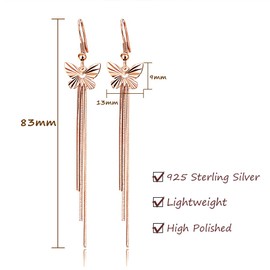 Josfeva Earrings Silver Hanging, 925 Sterling Silver Long Tassel Women's Earrings, Hypoallergenic Drop Dangle Snake Chain Hook Earrings, Long Earrings with Dragonfly / Rectangle Zirconia, Rose Gold,