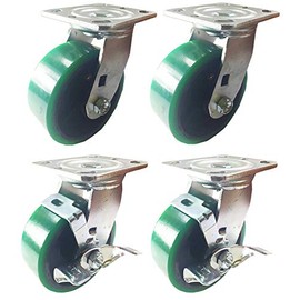 4 Heavy Duty Caster Set Polyurethane on Cast Iron Wheels No Mark Green (5" : 2 Swivel + 2 Swivel w/Brake) for Furniture, Workbench, Carts, Toolbox