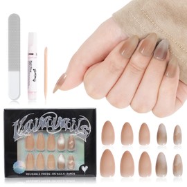 VAVAVAILS Press On Nails Glitter Cat Eye Nails Nude Brown Semi-Transparent False Nails, Long Almond Nails, Reusable 12 Sizes - 24 Nail Kit with Glue & Jellied Gel