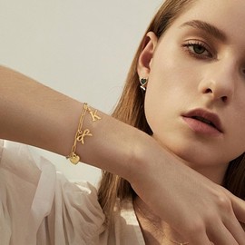 ANOBLEJRY Bracelet for Women 14K Gold Plated Dainty Chain Simple Jewelry Initial Bracelet A-Z Gifts for Women Birthday Unique Dainty Letter Charm Bracelet with Bow Back to School, 7", Yellow Gold, no