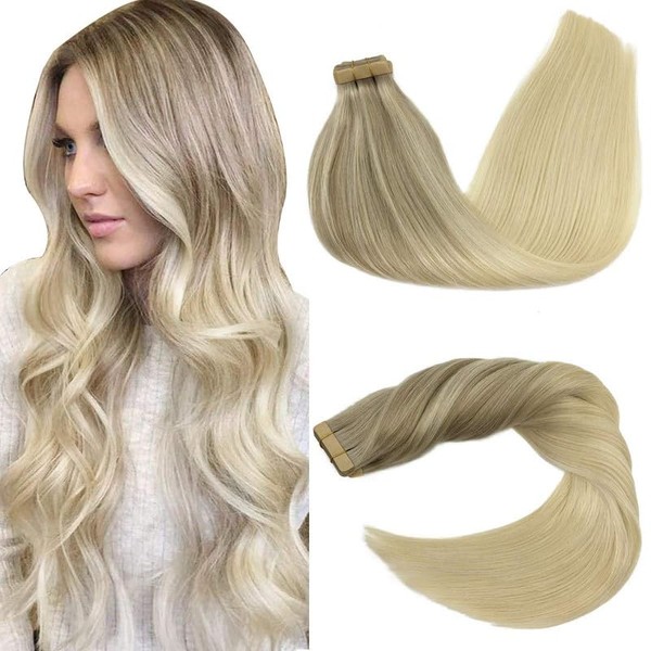 GOO GOO Tape-In Real Hair Extensions, 20 Pieces, 50 g, 50 cm, Ash Blonde to Golden Blonde and Platinum Blonde, Tape Extensions, Real Hair Invisible Tape Extensions