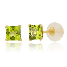 MAX + STONE 14k White Gold Square Stud Earrings for Women with Princess Cut Green Peridot 4 mm August Birthstone and Push Backs