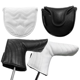 Golf Headcover Putter Mallet Cover Pin Type Golf Headcover Single Wave Black White Waterproof High-Quality PU Leather (White, Pin Type)