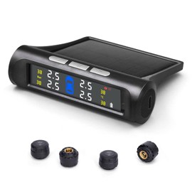3T6B Wireless TPMS Tire Pressure Monitoring System 5 Alarm Modes, Solar Power and USB Charge with Auto Sleep Mode, LCD Display, 4 TPMS Sensors, Real Time Pressure and Temperature（0~50.75 PSI）